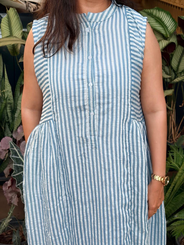 Blue Stripe Printed Mul Chanderi Collar Neck Sleeveless Dress with Centre Openable Buttons | Free Size | 46" length