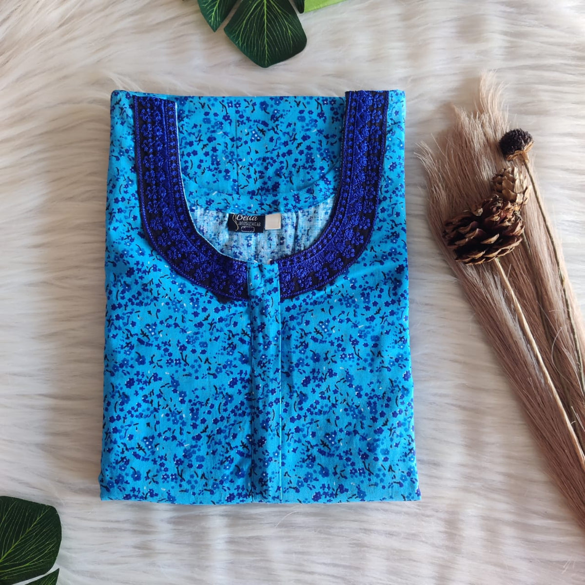 Blue Floral Printed Premium Cotton 3/4 Sleeve Churidar Cut Nighty With Matching Neck Embroidery | Chest Width 44″ | Length 56″