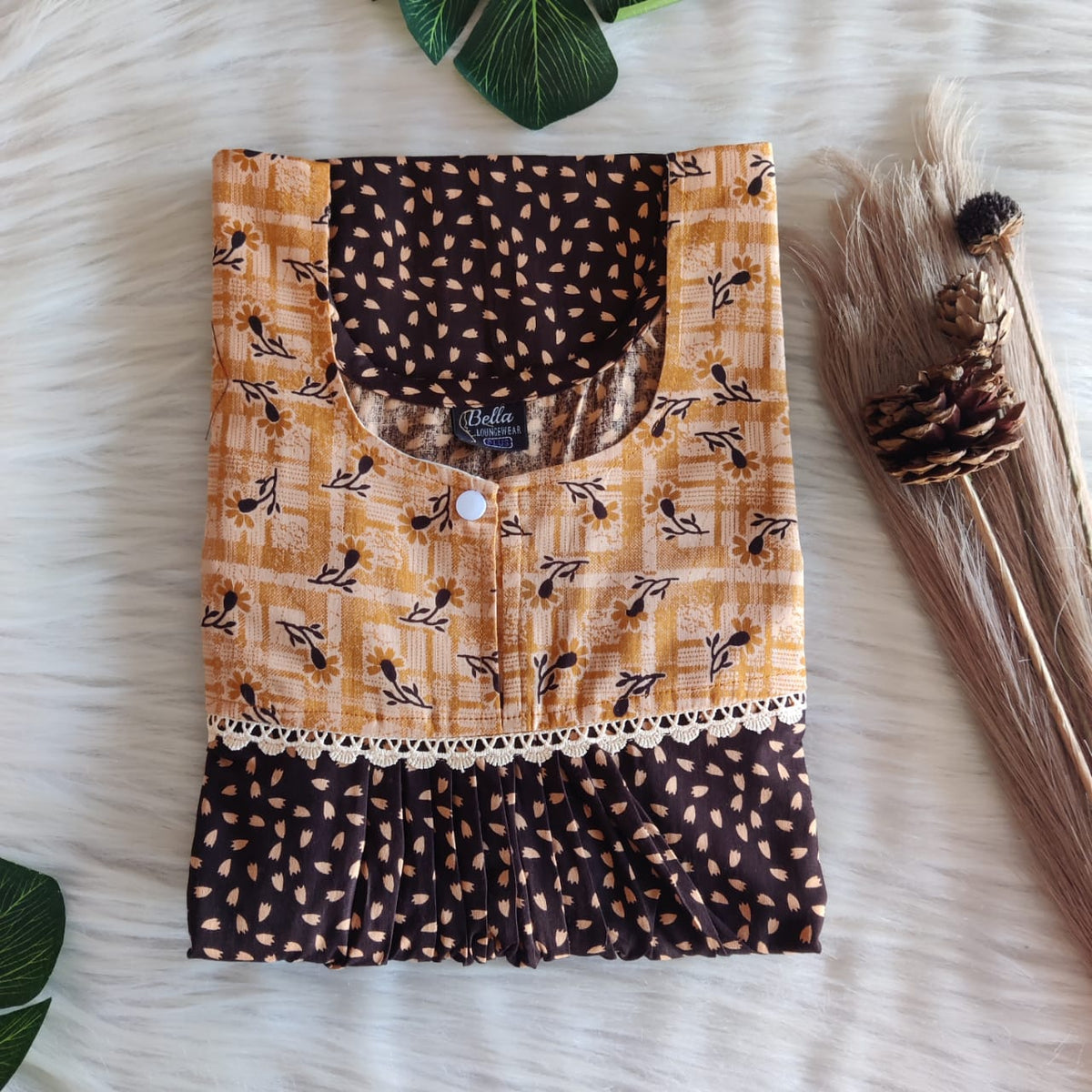 Yellow And Coffee Brown Printed Premium Cotton Lace Nighty | Free Size | Chest Width 44″| Length 54″-56″