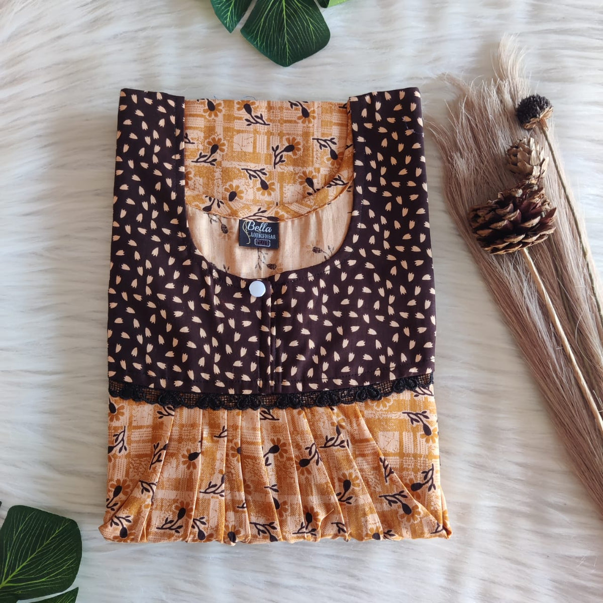 Coffee Brown And Yellow Printed Premium Cotton Lace Nighty | Free Size | Chest Width 44″| Length 54″-56″