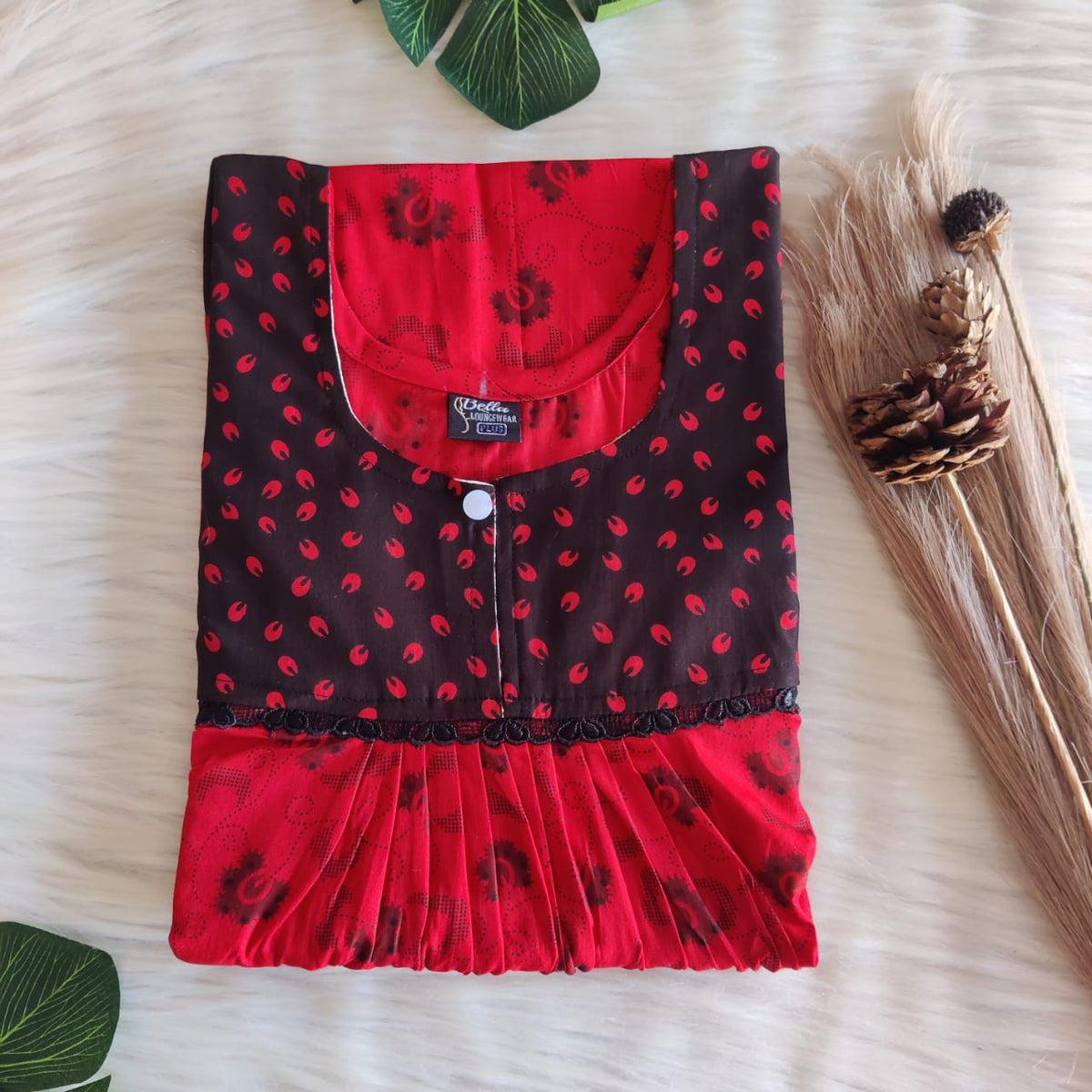 Black And Red Printed Premium Cotton Lace Nighty | Free Size | Chest Width 44″| Length 54″-56″