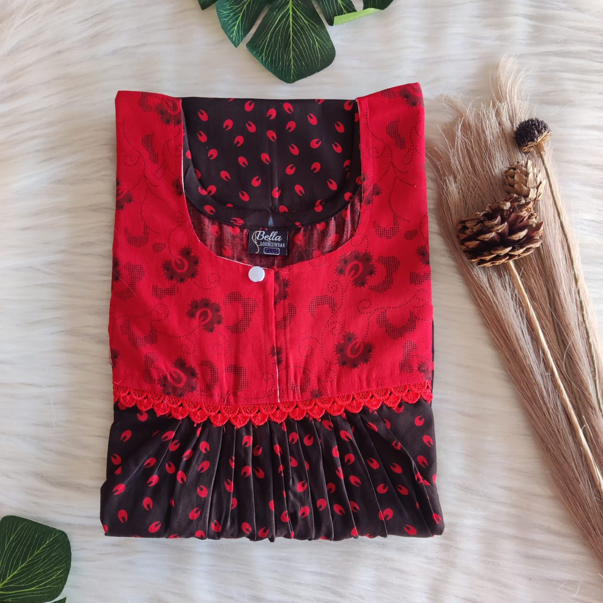 Red And Black Printed Premium Cotton Lace Nighty | Free Size | Chest Width 44″| Length 54″-56″