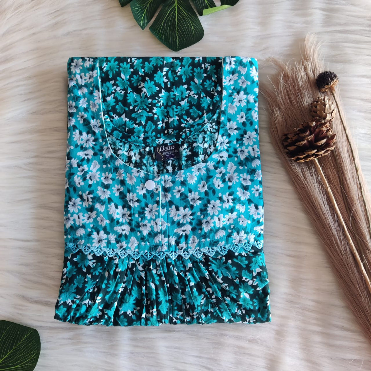 White And Blue Floral Printed Premium Cotton Lace Nighty | Free Size | Chest Width 44″| Length 54″-56″