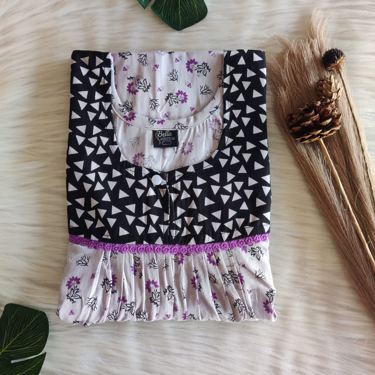 Black And Beige  Printed Premium Cotton Lace Nighty | Free Size | Chest Width 44″| Length 54″-56″