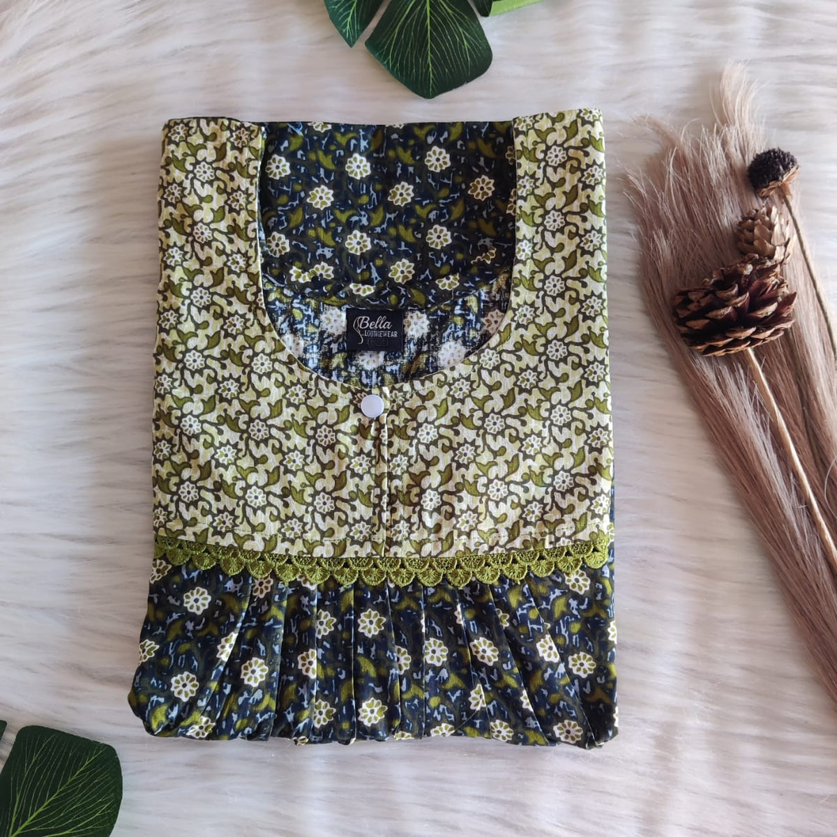 Green And Grey Printed Premium Cotton Lace Nighty | Free Size | Chest Width 44″| Length 54″-56″