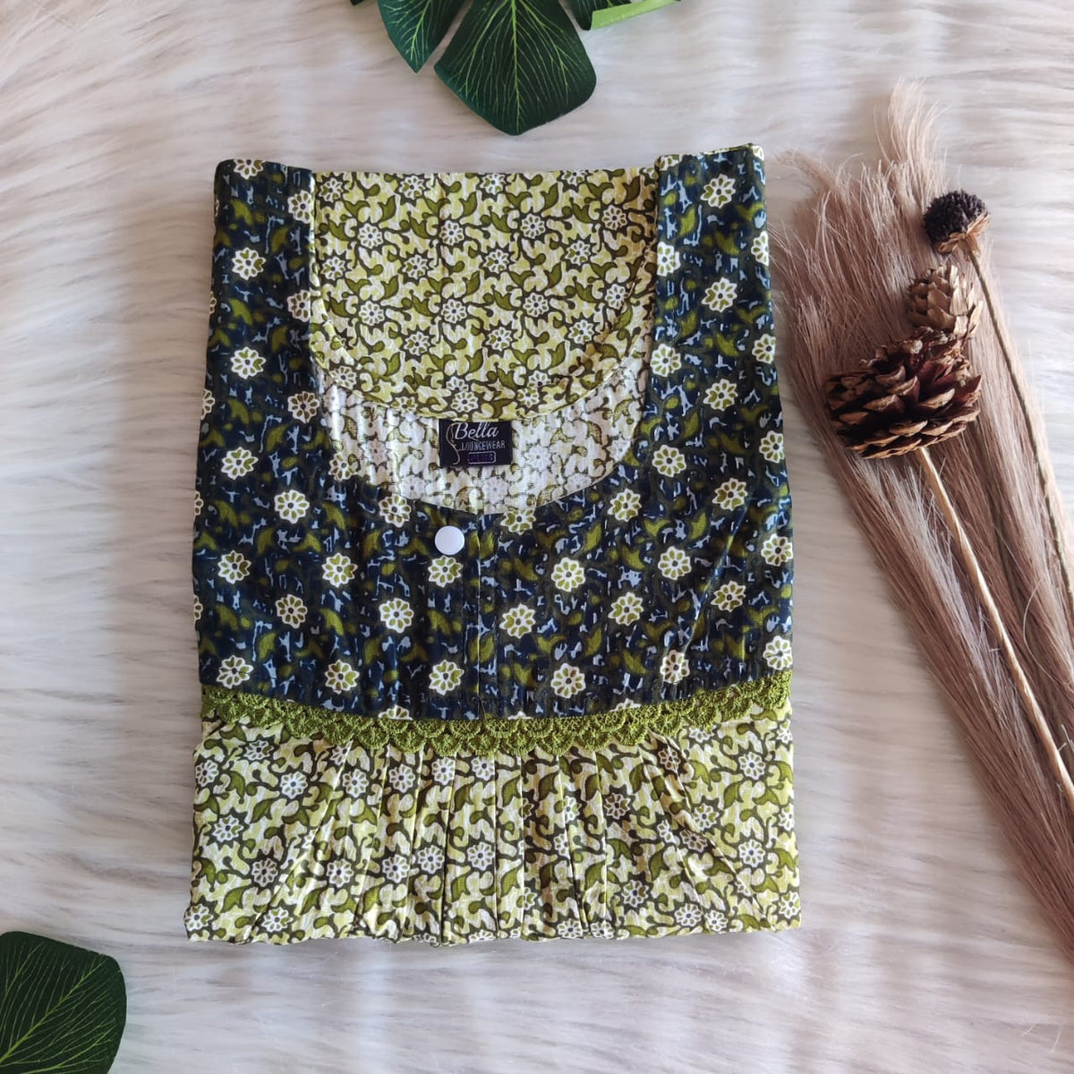 Grey And Green Floral Printed Premium Cotton Lace Nighty | Free Size | Chest Width 44″| Length 54″-56″