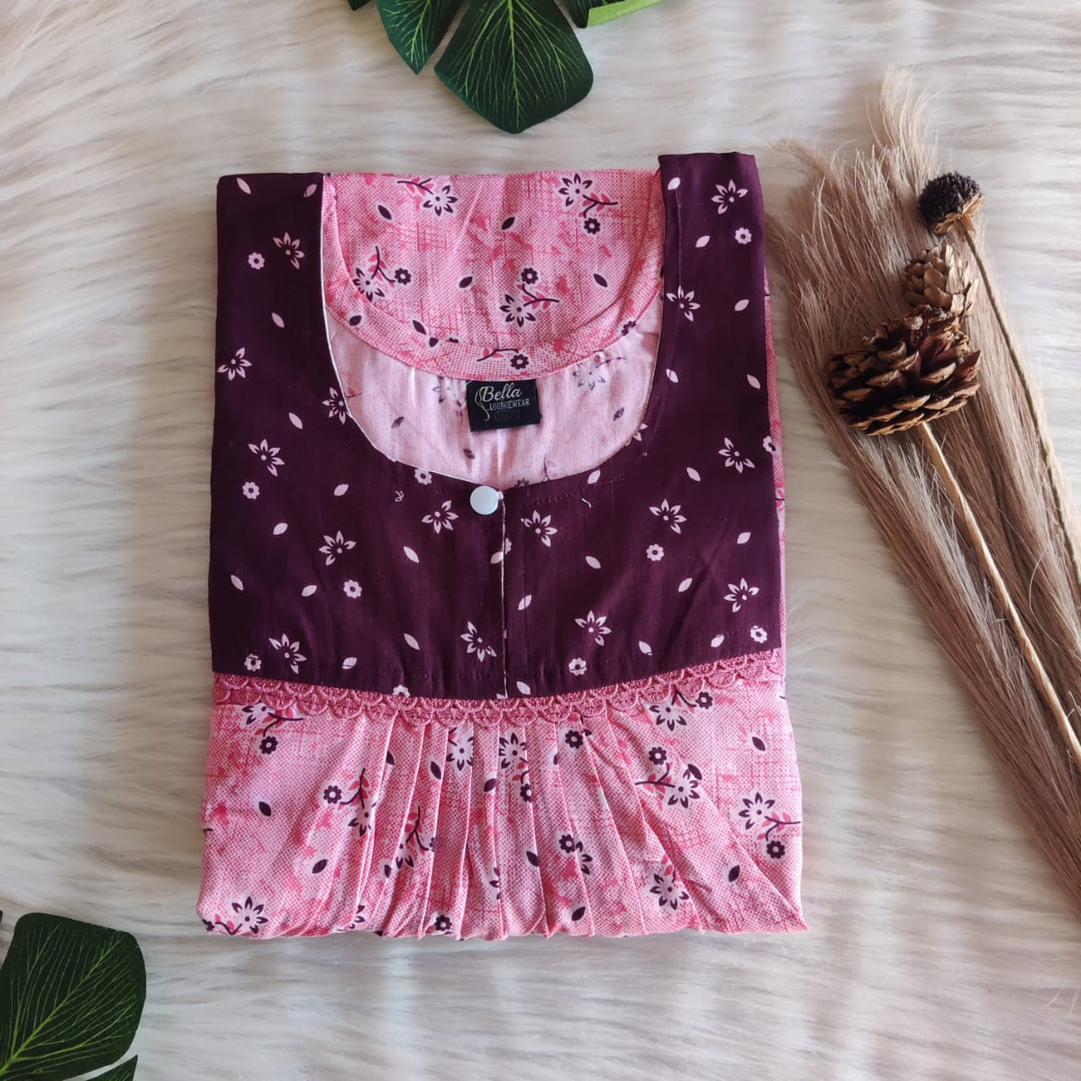 Wine And Peach Printed Premium Cotton Lace Nighty | Free Size | Chest Width 44″| Length 54″-56″