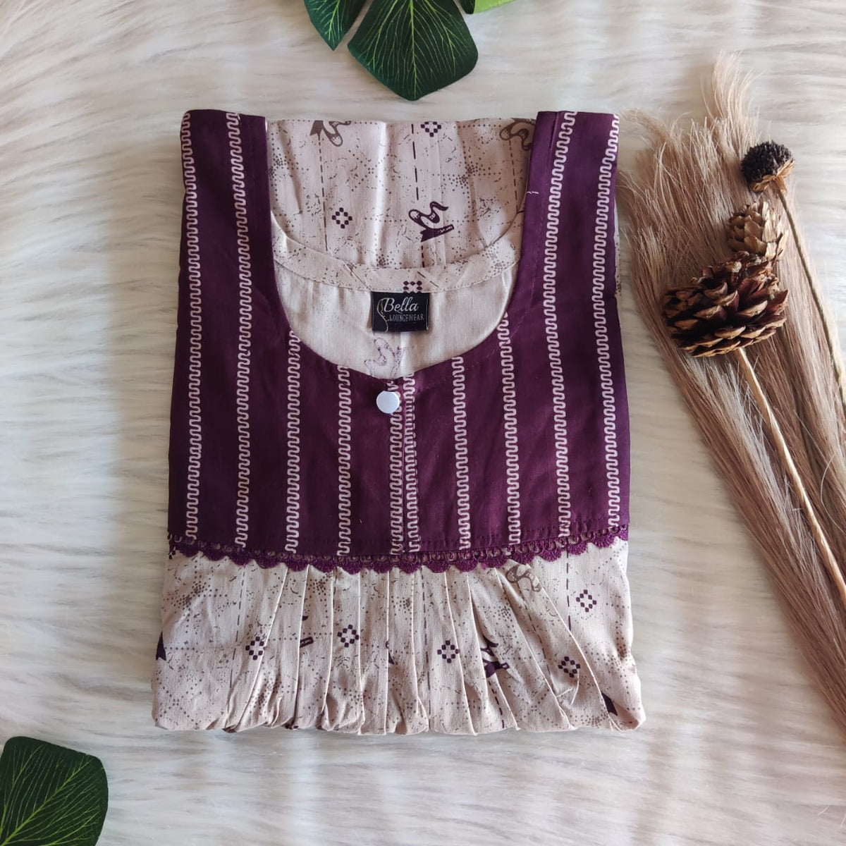 Wine And Beige Printed Premium Cotton Lace Nighty | Free Size | Chest Width 44″| Length 54″-56″
