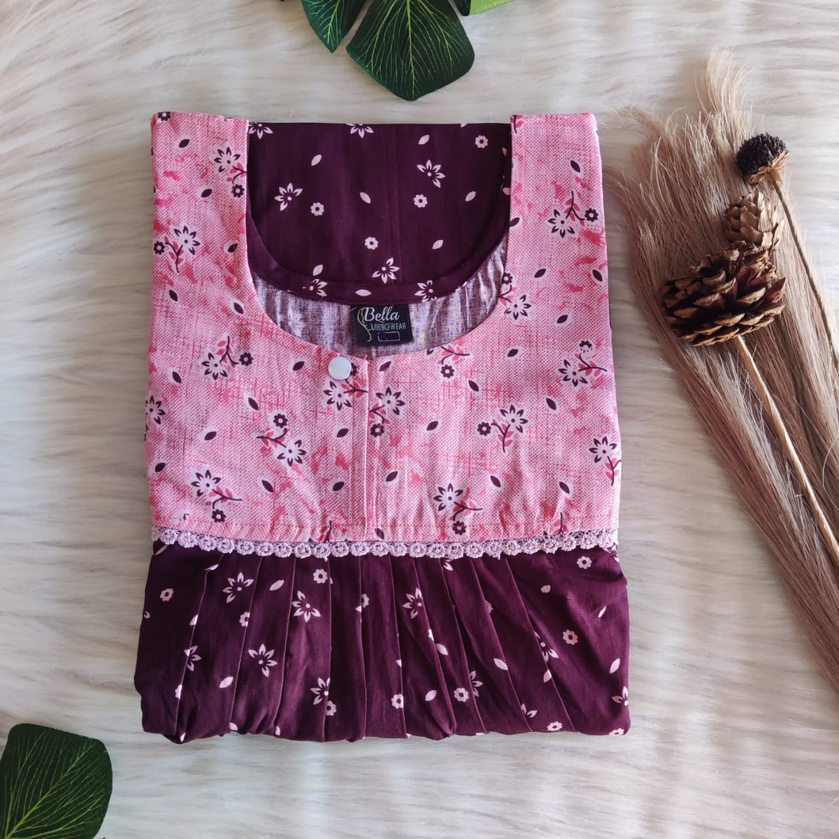 Peach And Wine Printed Premium Cotton Lace Nighty | Free Size | Chest Width 44″| Length 54″-56″