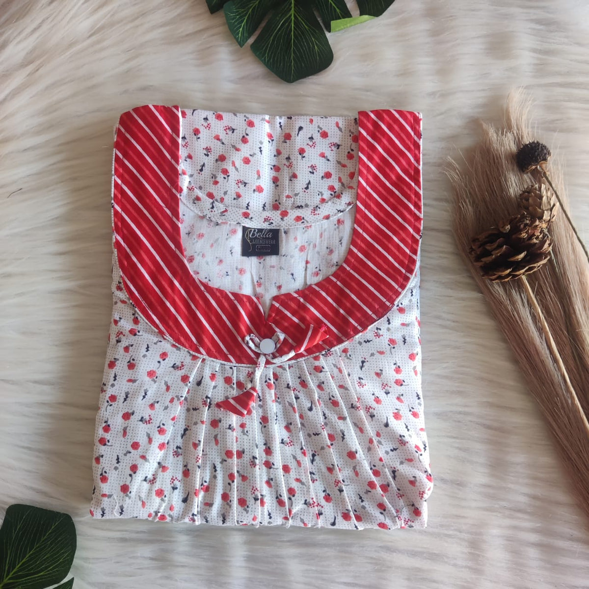 Red And White Floral Printed Premium Cotton No Zip Pleated Nighty | Free Size | Chest Width 44″| Length 55″-56″
