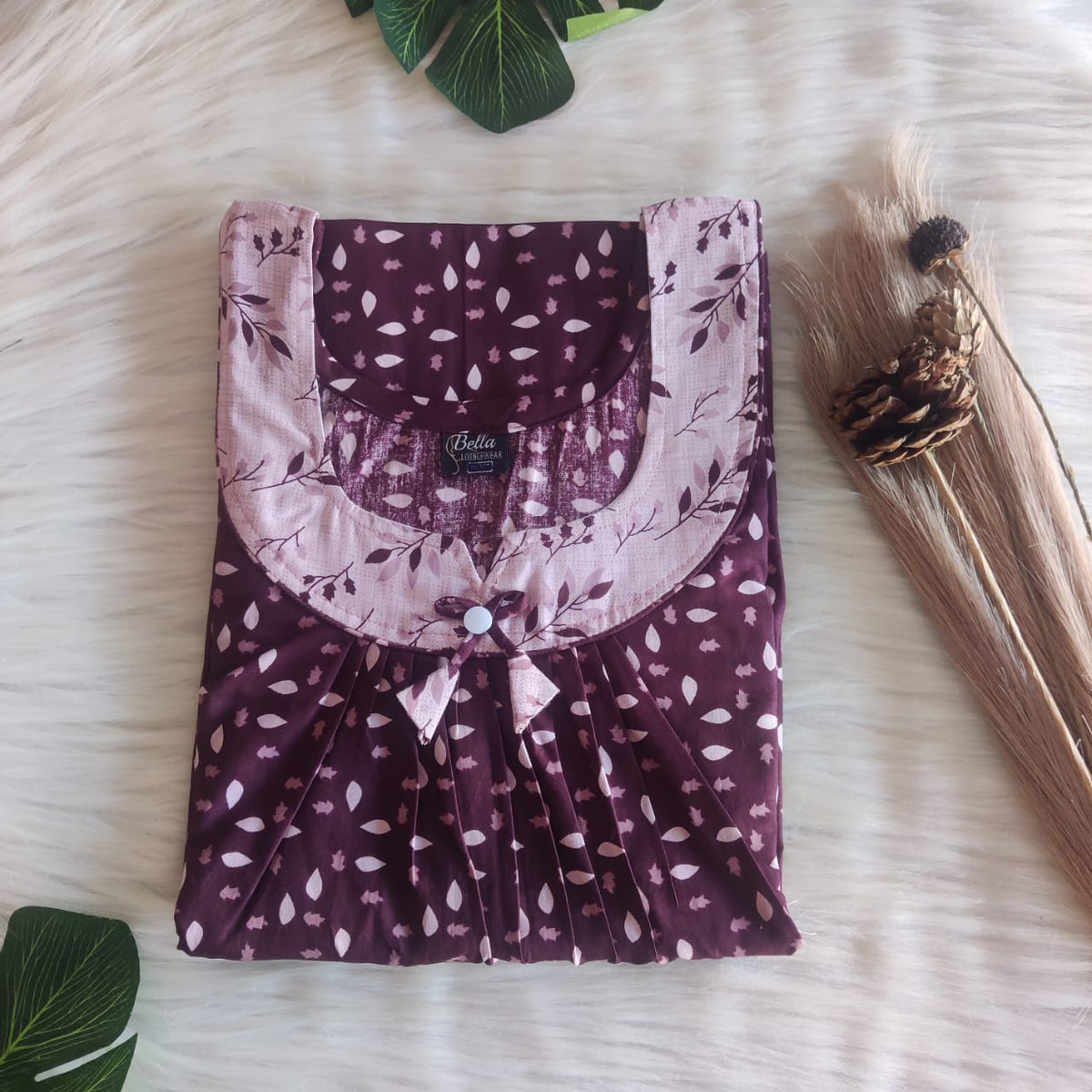 Pale And Dark Wine Leaf Printed Premium Cotton No Zip Pleated Nighty | Free Size | Chest Width 44″| Length 55″-56″