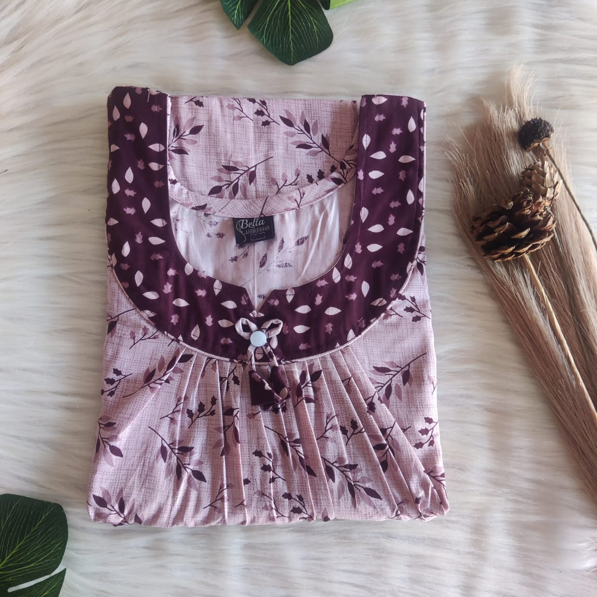 Dark And Pale Wine Printed Premium Cotton No Zip Pleated Nighty | Free Size | Chest Width 44″| Length 55″-56″