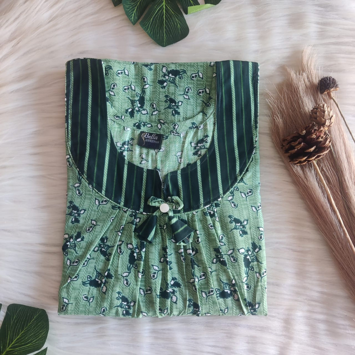 Dark And Pale Green Printed Premium Cotton No Zip Pleated Nighty | Free Size | Chest Width 44″| Length 55″-56″