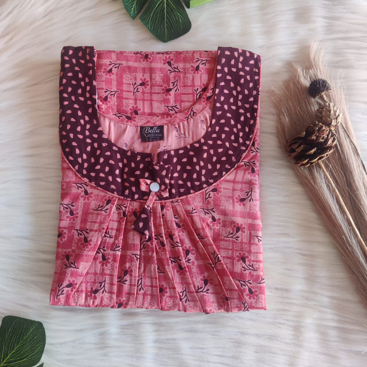 Coffee Brown And Peach Printed Premium Cotton No Zip Pleated Nighty | Free Size | Chest Width 44″| Length 55″-56″