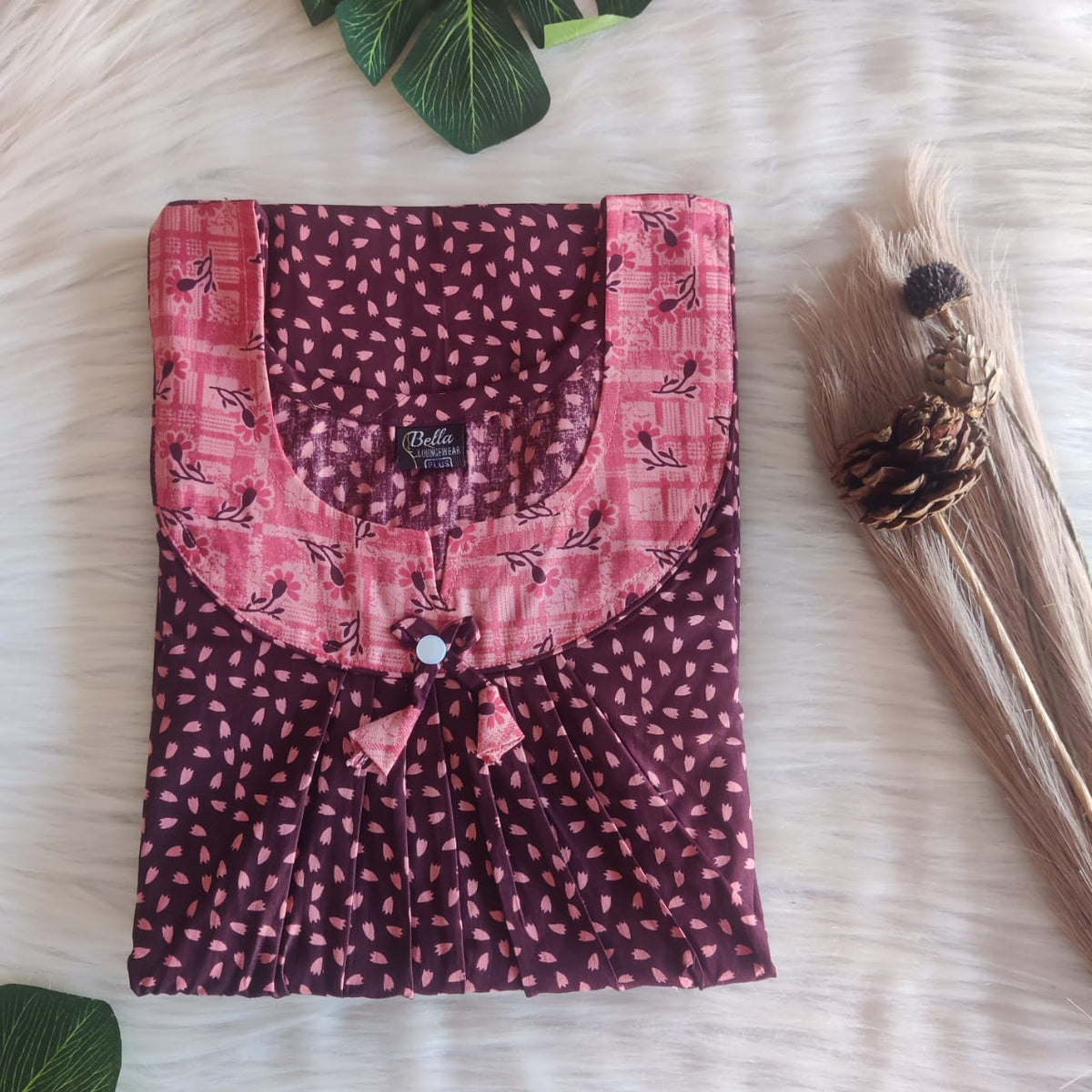 Peach And Coffee Brown Printed Premium Cotton No Zip Pleated Nighty | Free Size | Chest Width 44″| Length 55″-56″