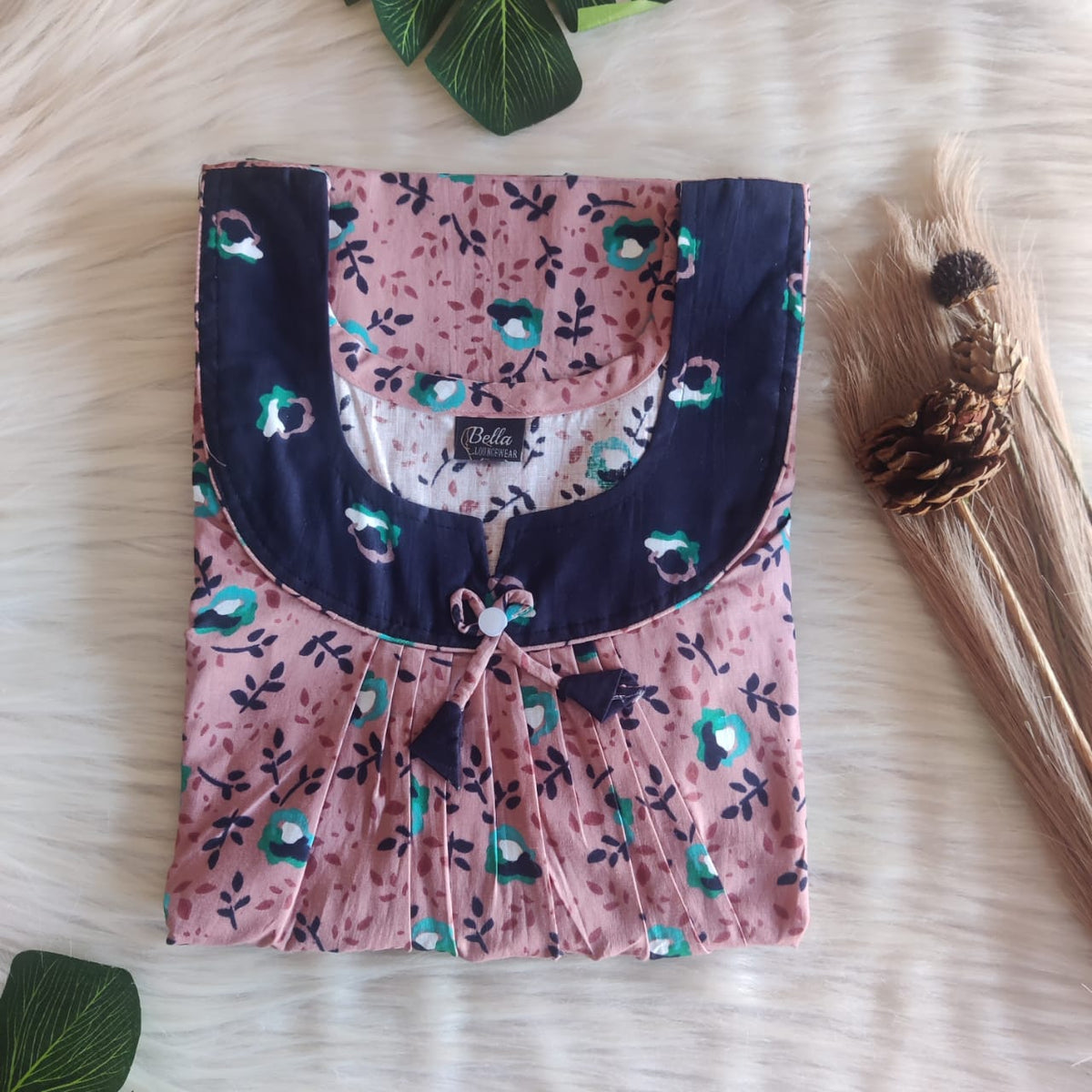 Navy Blue And Pastel Peach Printed Premium Cotton No Zip Pleated Nighty | Free Size | Chest Width 44″| Length 55″-56″