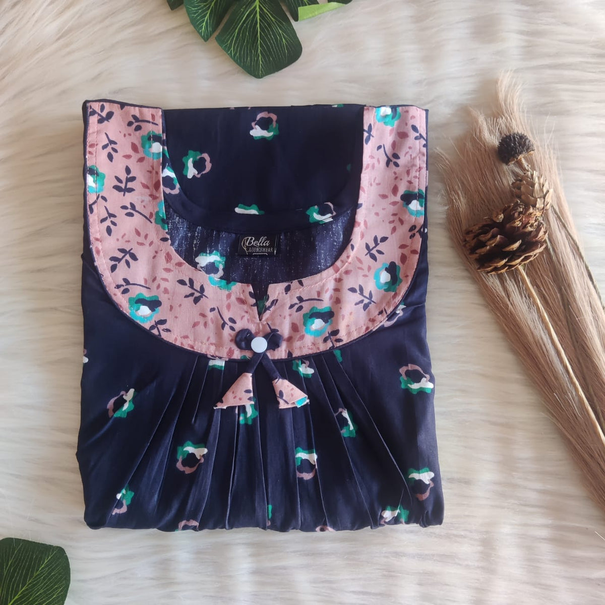 Pastel Peach And Navy Blue Printed Premium Cotton No Zip Pleated Nighty | Free Size | Chest Width 44″| Length 55″-56″