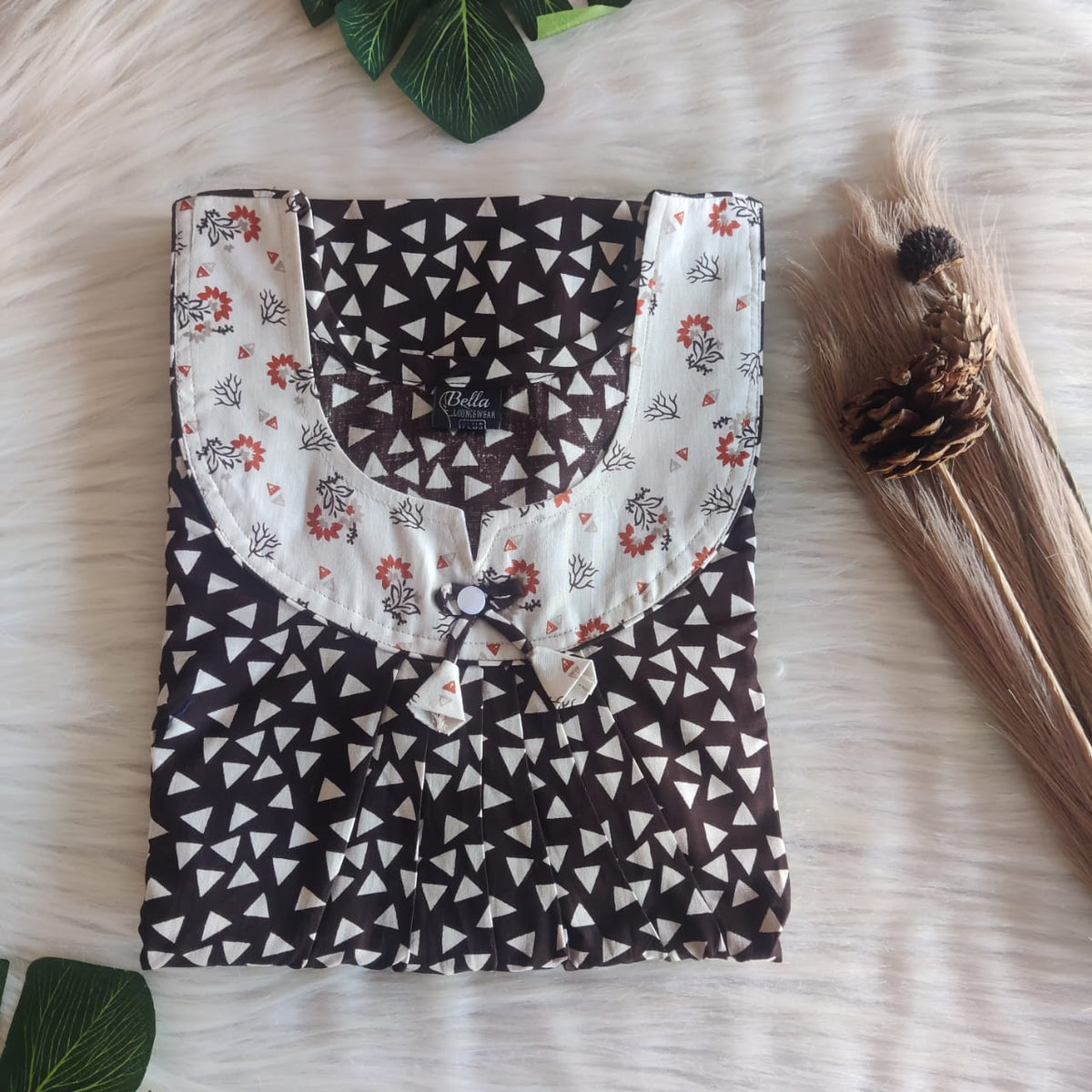 Cream And Coffee Brown Printed Premium Cotton No Zip Pleated Nighty | Free Size | Chest Width 44″| Length 55″-56″