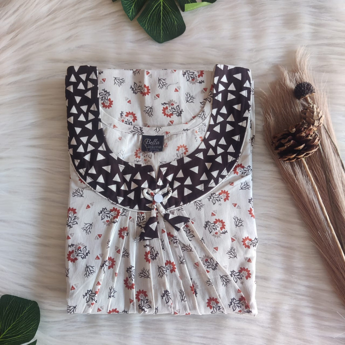 Coffee Brown And Cream Printed Premium Cotton No Zip Pleated Nighty | Free Size | Chest Width 44″| Length 55″-56″
