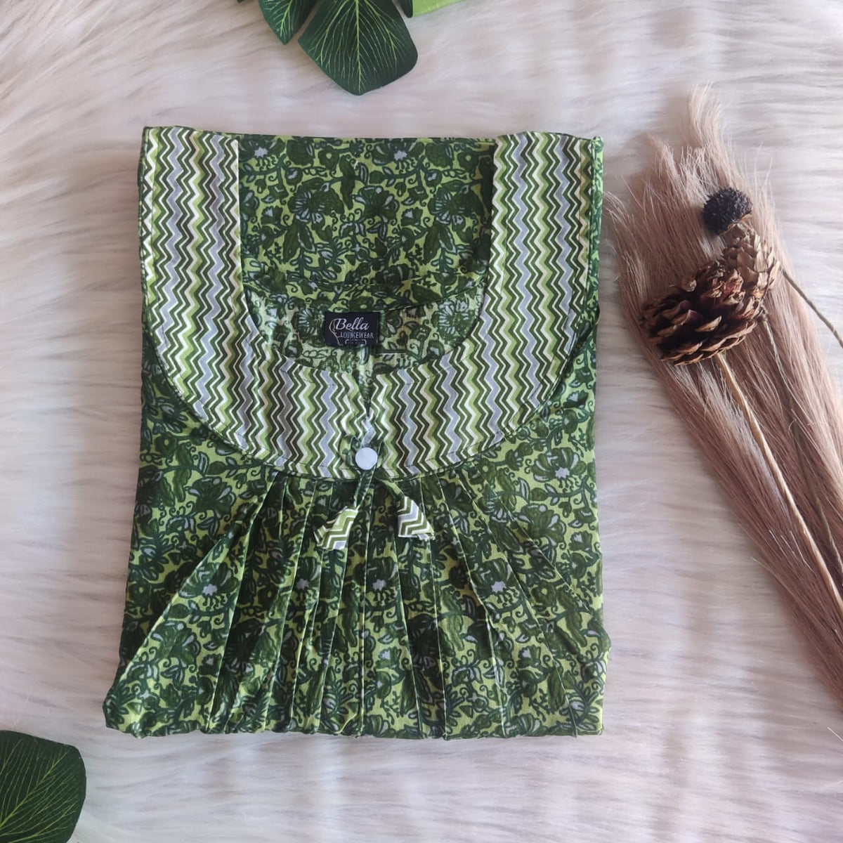 Grey And Green Printed Premium Cotton No Zip Pleated Nighty | Free Size | Chest Width 44″| Length 55″-56″