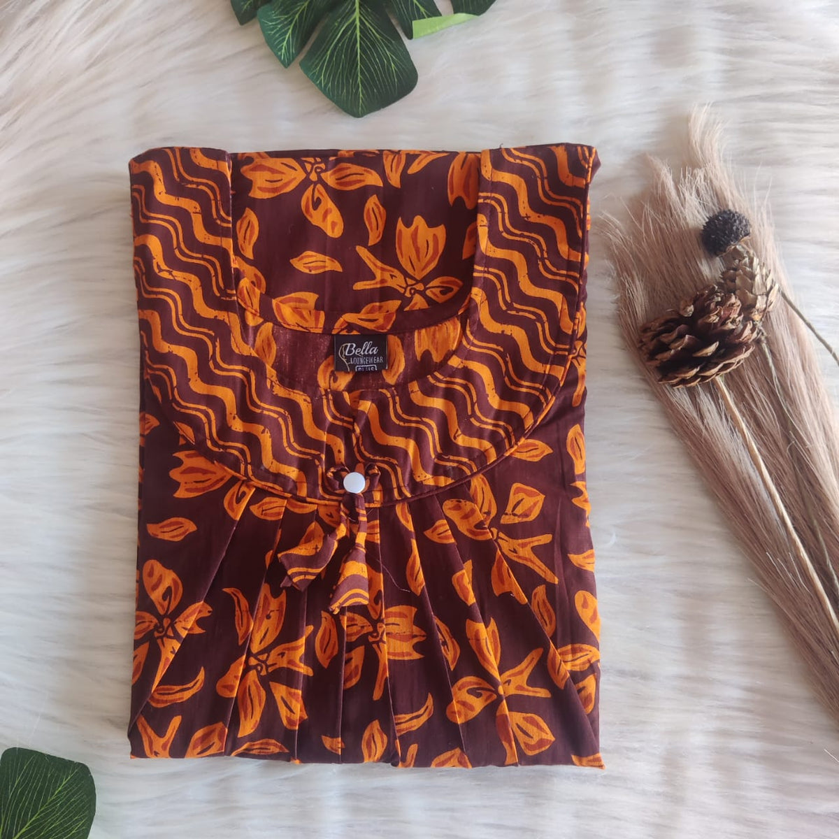 Coffee Brown And Orange Floral Printed Premium Cotton No Zip Pleated Nighty | Free Size | Chest Width 44″| Length 55″-56″