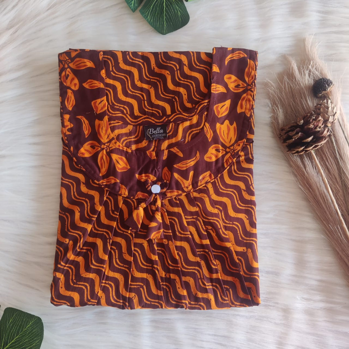 Orange And Coffee Brown Printed Premium Cotton No Zip Pleated Nighty | Free Size | Chest Width 44″| Length 55″-56″