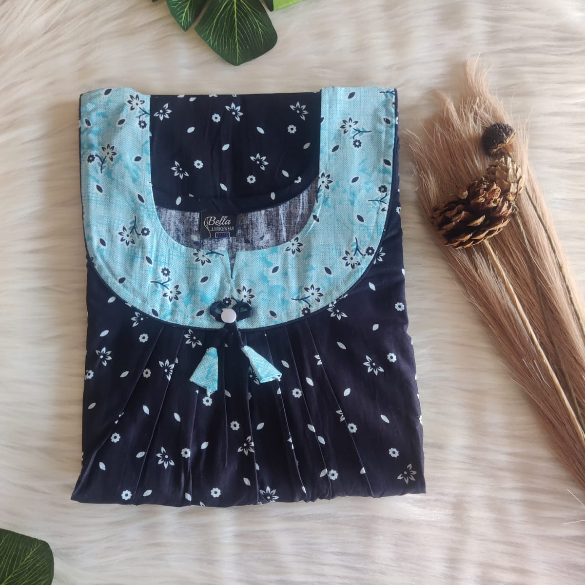 Pale And Dark Blue Printed Premium Cotton No Zip Pleated Nighty | Free Size | Chest Width 44″| Length 55″-56″