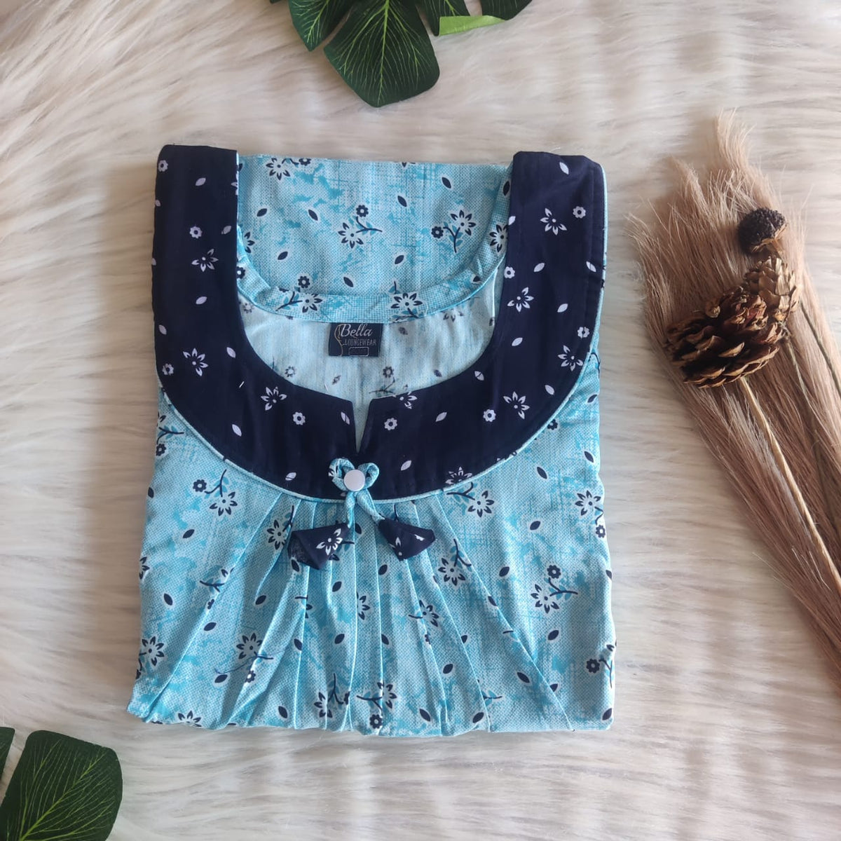 Dark And Pale Blue Printed Premium Cotton No Zip Pleated Nighty | Free Size | Chest Width 44″| Length 55″-56″