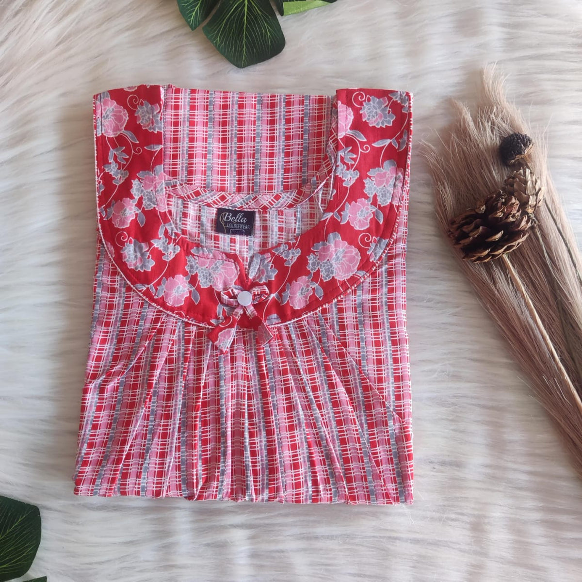 Red And Grey Check Printed Premium Cotton No Zip Pleated Nighty | Free Size | Chest Width 44″| Length 55″-56″