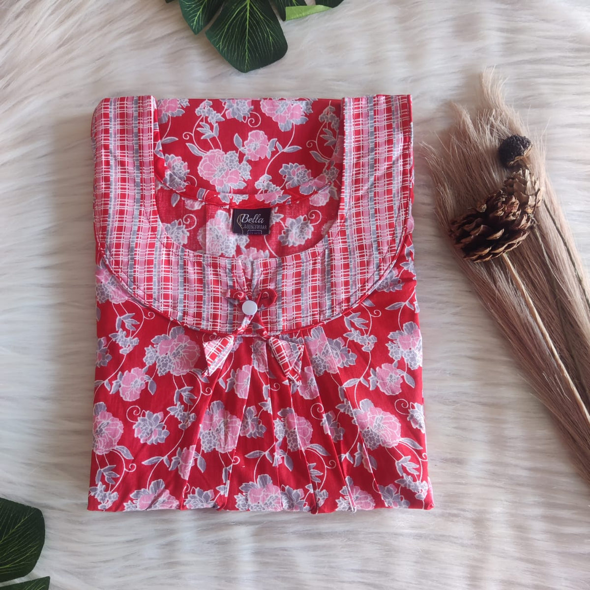 Grey And Red Floral Printed Premium Cotton No Zip Pleated Nighty | Free Size | Chest Width 44″| Length 55″-56″