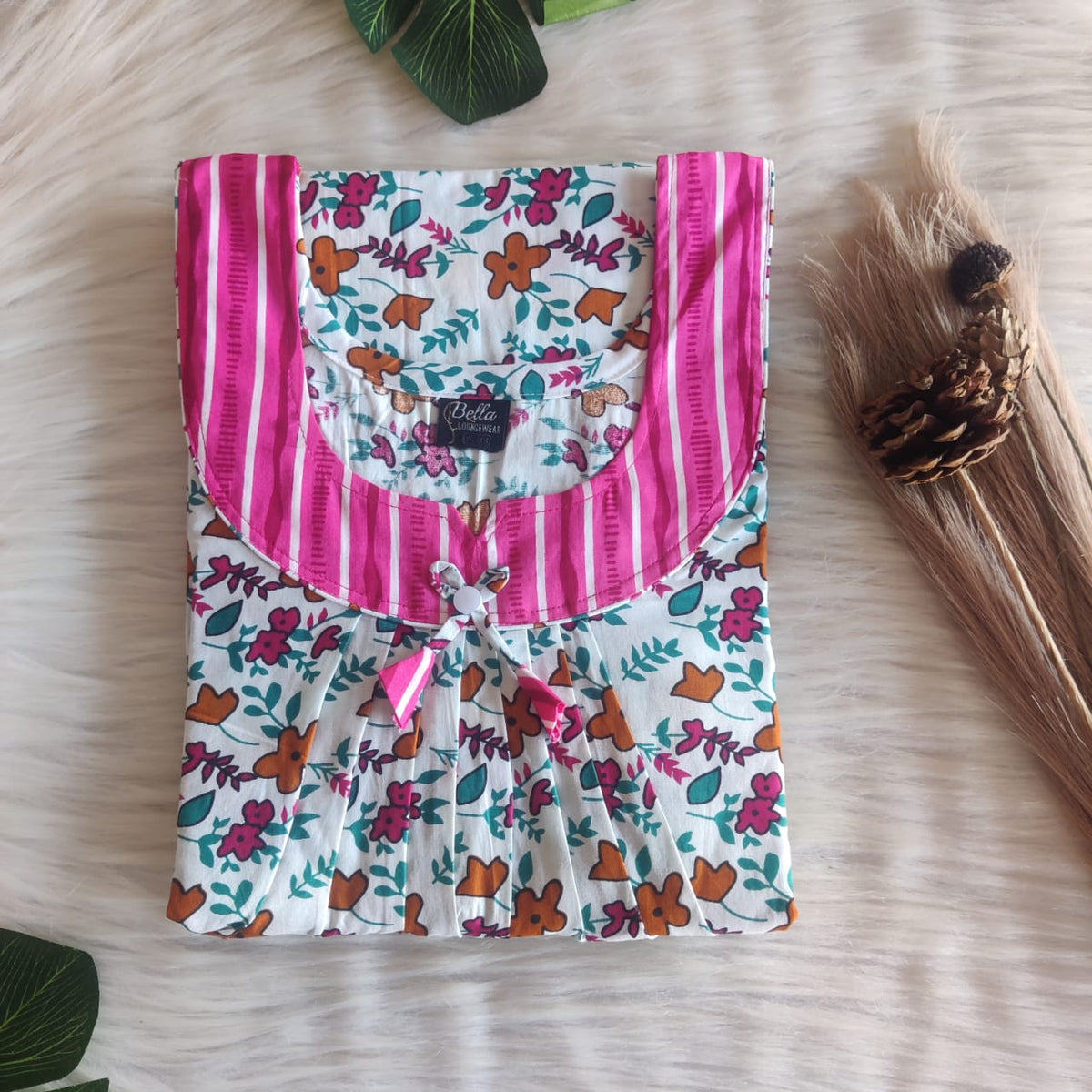 Pink And White Floral Printed Premium Cotton No Zip Pleated Nighty | Free Size | Chest Width 44″| Length 55″-56″