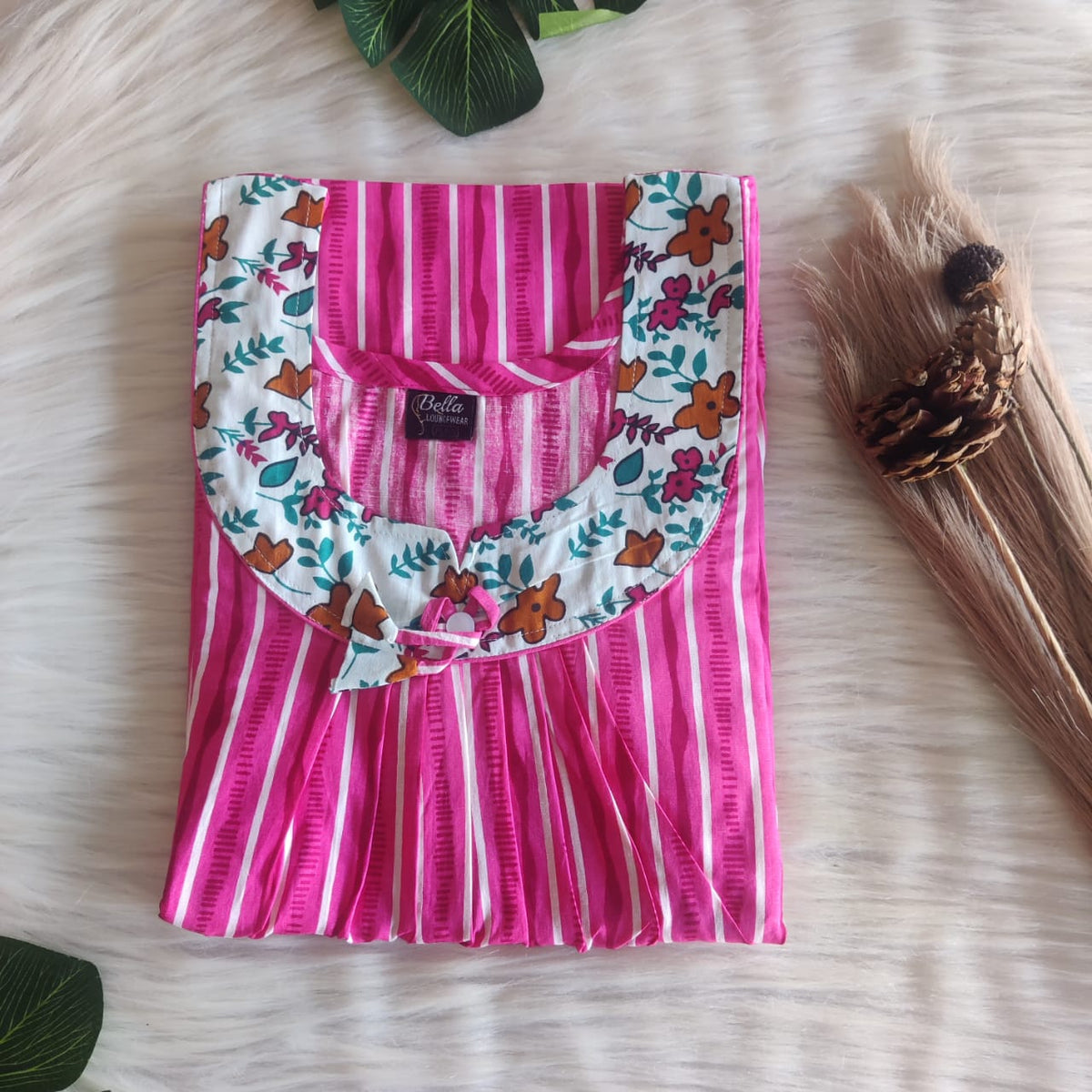 White And Pink Stripes Printed Premium Cotton No Zip Pleated Nighty | Free Size | Chest Width 44″| Length 55″-56″