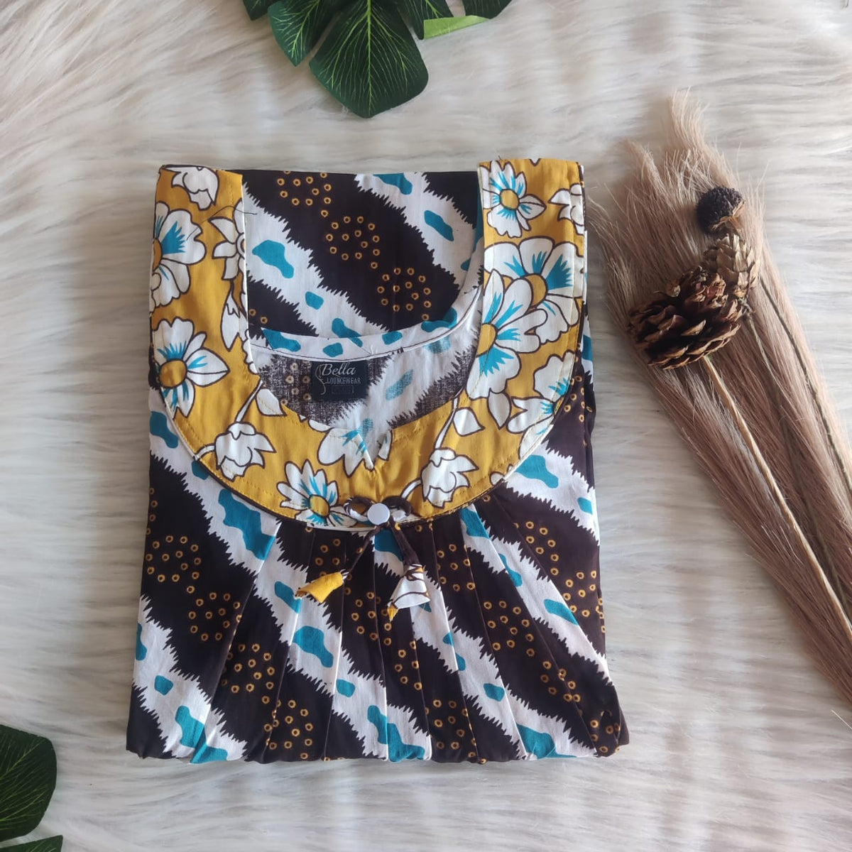 Yellow And Coffee Brown Printed Premium Cotton No Zip Pleated Nighty | Free Size | Chest Width 44″| Length 55″-56″