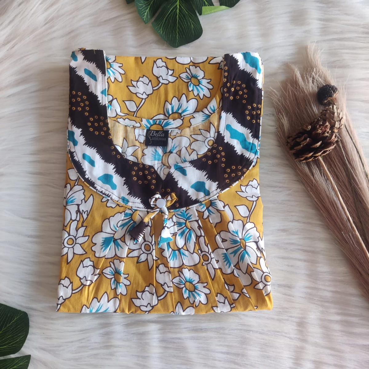 Coffee Brown And Yellow Floral Printed Premium Cotton No Zip Pleated Nighty | Free Size | Chest Width 44″| Length 55″-56″