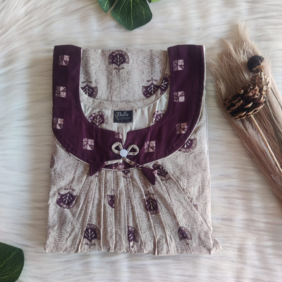 Coffee Brown And Beige Printed Premium Cotton No Zip Pleated Nighty | Free Size | Chest Width 44″| Length 55″-56″