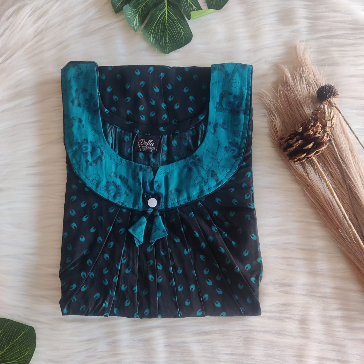 Blue And Black Printed Premium Cotton No Zip Pleated Nighty | Free Size | Chest Width 44″| Length 55″-56″