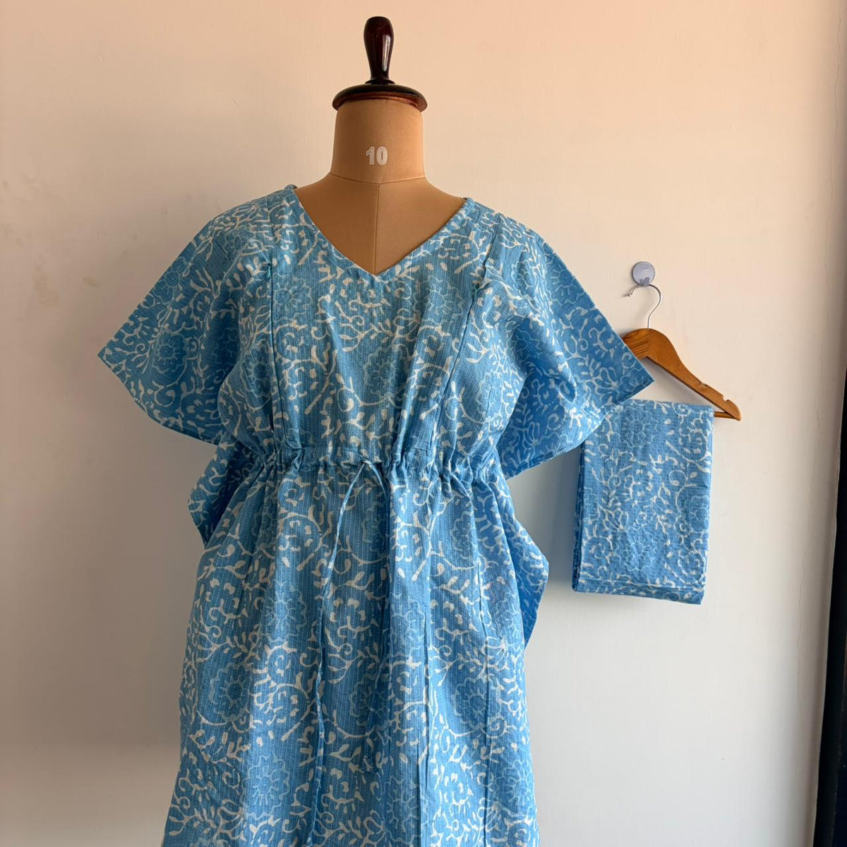 Pale Blue Floral Printed Kantha Cotton Feeding Kaftan Loungewear Pyjama Set | Free Size