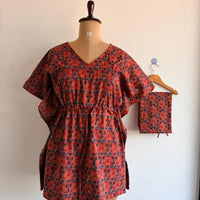 Maroon Ajrakh Printed Kantha Cotton Feeding Kaftan Loungewear Pyjama Set | Free Size