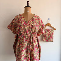 Cream Floral Printed Kantha Cotton Feeding Kaftan Loungewear Pyjama Set | Free Size