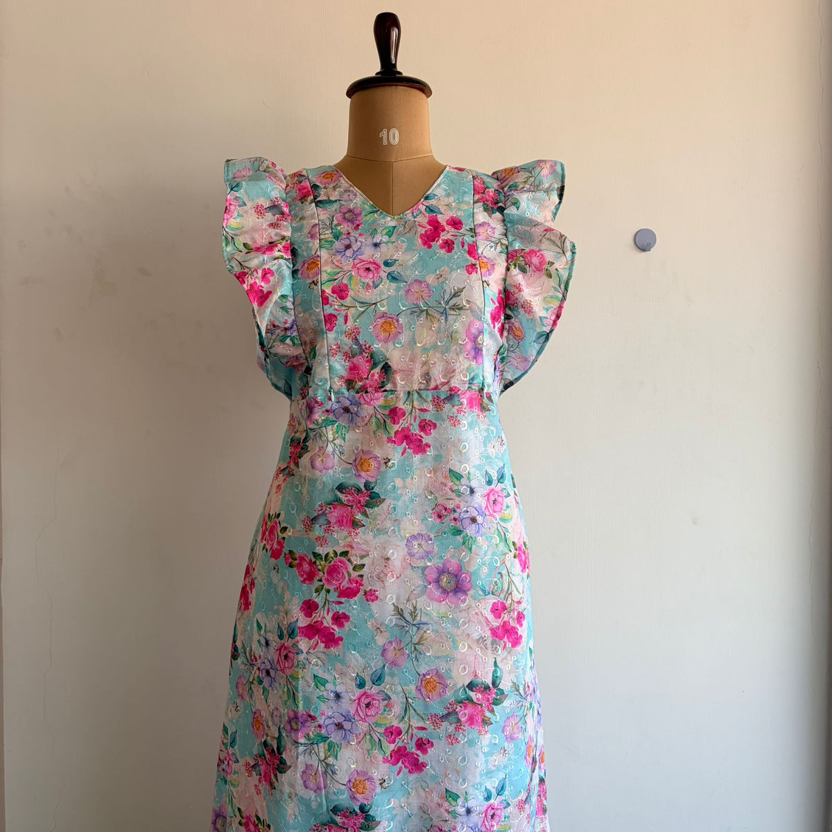 Pink Floral Printed Blue Hakoba Ruffle Sleeve Short Maternity Gown | Free Size | Chest Width 44″| Length 44″
