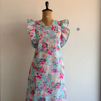 Pink Floral Printed Blue Hakoba Ruffle Sleeve Short Maternity Gown | Free Size | Chest Width 44″| Length 44″