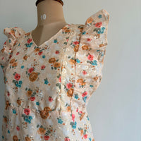 Cream Floral Printed Hakoba Ruffle Sleeve Short Maternity Gown | Free Size | Chest Width 44″| Length 44″