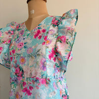 Pink Floral Printed Blue Hakoba Ruffle Sleeve Short Maternity Gown | Free Size | Chest Width 44″| Length 44″