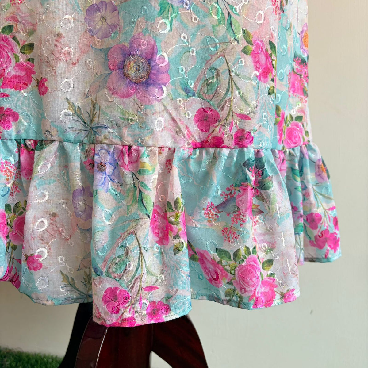 Pink Floral Printed Blue Hakoba Ruffle Sleeve Short Maternity Gown | Free Size | Chest Width 44″| Length 44″