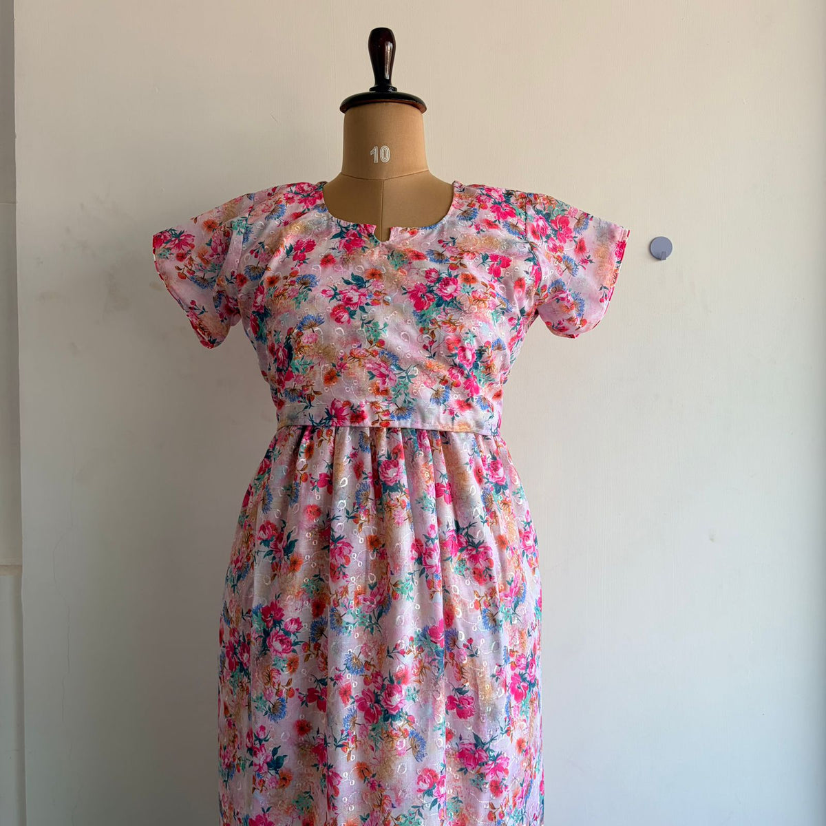 Pink Floral Hakoba Buttonless Zipless Short Maternity Nighty | Free Size |