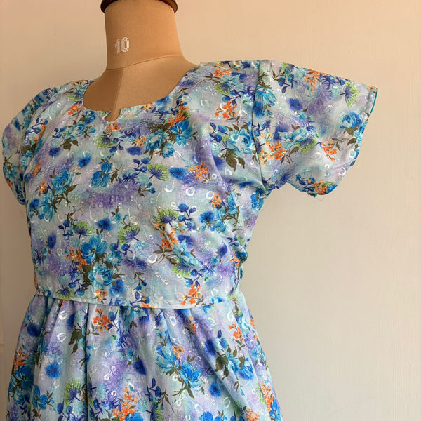 Blue Floral Hakoba Buttonless Zipless Short Maternity Nighty | Free Size |