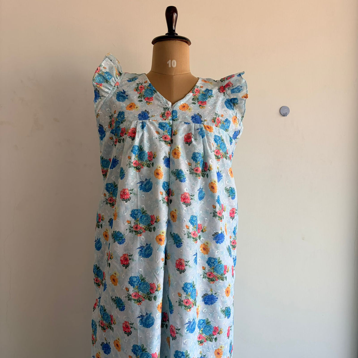 Pale Blue Floral Hakoba V- Neck Ruffle Sleeve Long Zip Short Maternity Gown | Free Size | Chest Width 44″| Length 44″