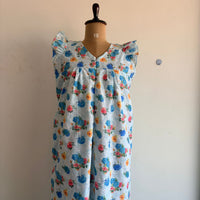 Pale Blue Floral Hakoba V- Neck Ruffle Sleeve Long Zip Short Maternity Gown | Free Size | Chest Width 44″| Length 44″