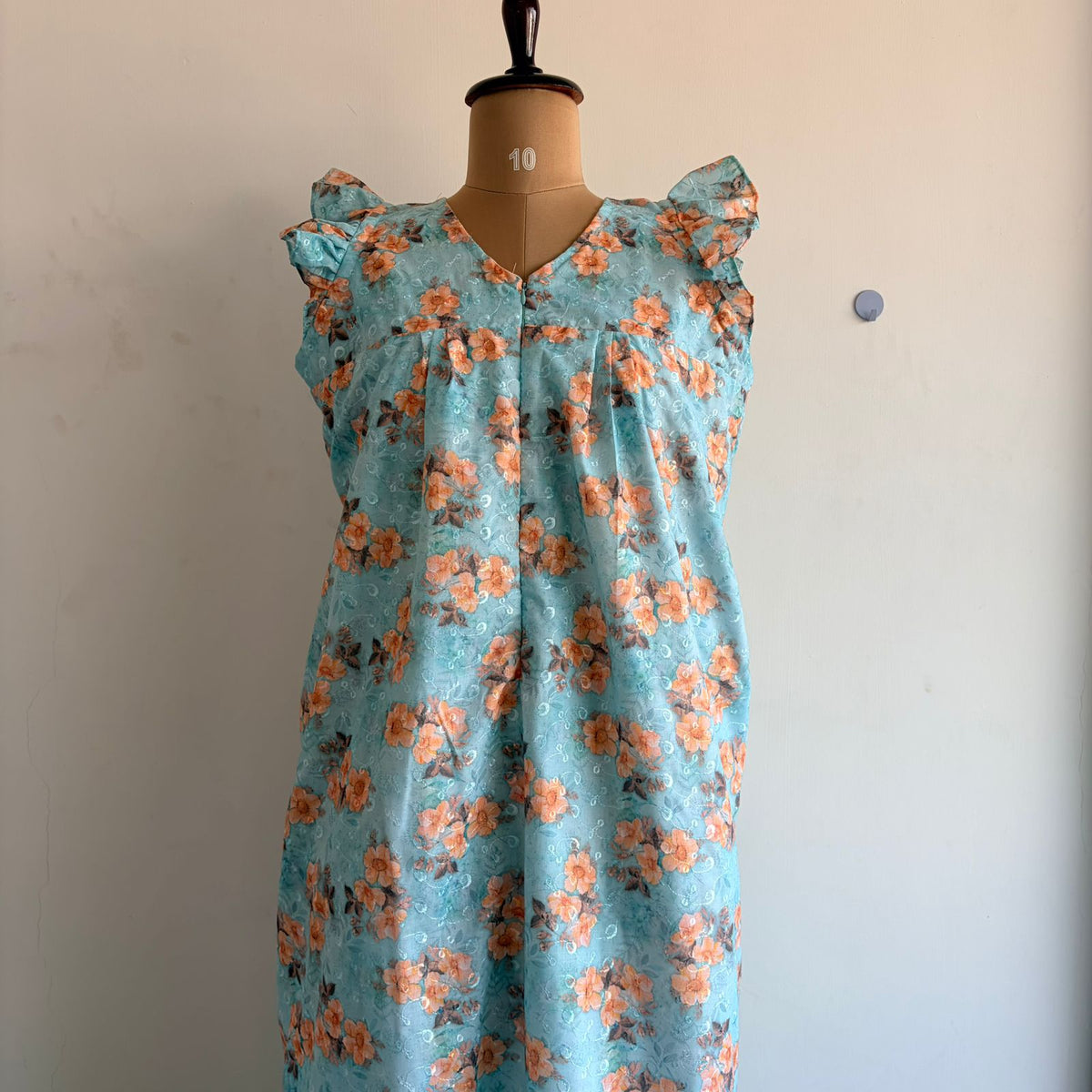 Orange Floral Printed Blue Hakoba V- Neck Ruffle Sleeve Long Zip Short Maternity Gown | Free Size | Chest Width 44″| Length 44″