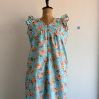 Orange Floral Printed Blue Hakoba V- Neck Ruffle Sleeve Long Zip Short Maternity Gown | Free Size | Chest Width 44″| Length 44″